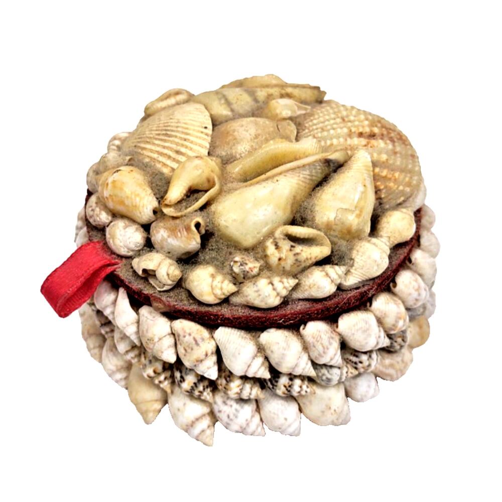 VTG Shabby Sea Shell Trinket Jewelry Box Nautical Seashells Red Fabric BOHO